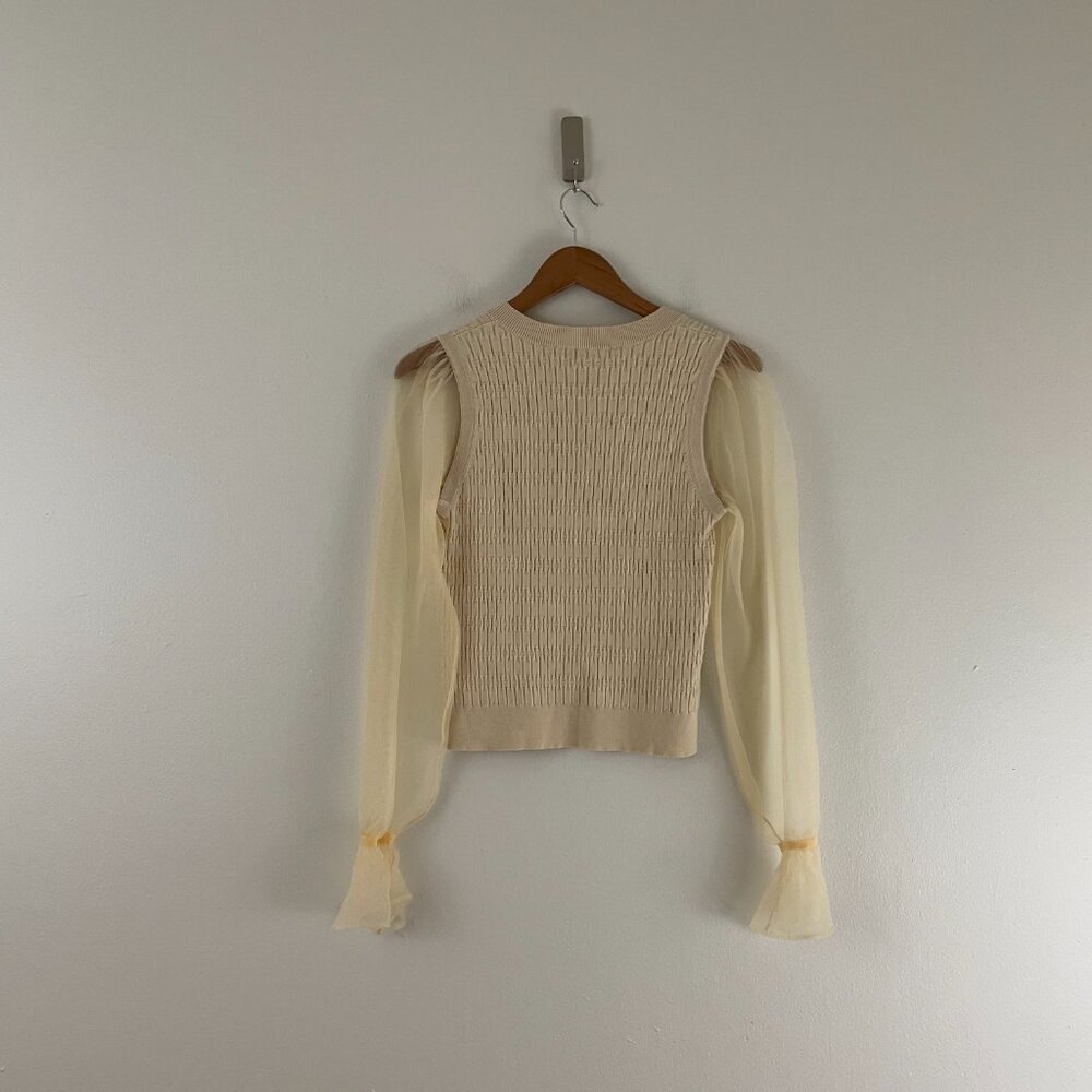 Anthropologie Maeve Sheer Organza Sleeve Cream Knit Top Size Small Petite - Picture 2 of 5